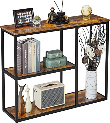 Image of WOHOMO Metal Console Table, Tall Narrow Sofa Table & Tv Stand With 3-Tier Storage Shelves, 40 Inch Industrial Entryway Table For Living Room, Corridor, Hallway, Rustic Brown