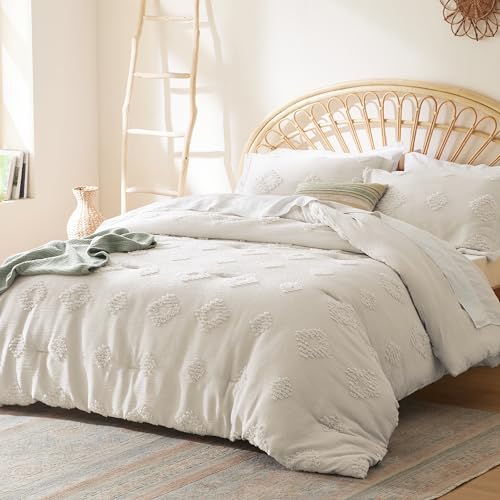 Photo 1 of Bedsure King Size Comforter Set Beige, Gauze Boho Bedding Comforter Set, Tufted Farmhouse Bed Set, 3 Pieces, 1 Shabby Chic Fluffy Comforter and 2 Pillow Shams?with Jacquard Diamond Pattern