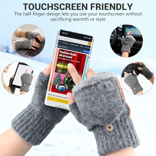 Fingerless Gloves Women Winter Warm Thermal Mitten Flap Thickened Knit Fleece Lined Half Finger Touchscreen Gloves for Indoor Outdoor Running Cycling Working, Grey - Image 5