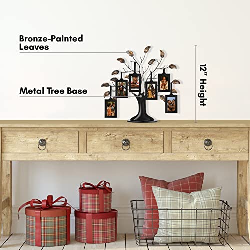Americanflat-12-Metal-Family-Tree-with-6-Hanging-Mini-Picture-Frames-for-Wallet-Size-2-x-3-Photos-with-Bronze-Colored-Leaves-and-Ribbon-Tassels-Tree-Photo-Holder-Gift-Black