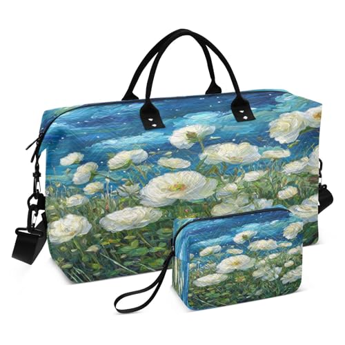 Floral Moonlit Meadow Travel Duffel Bag for Men Women with Makeup Bag Weekend Overnight Carry On Bags for Yoga Travel Gym