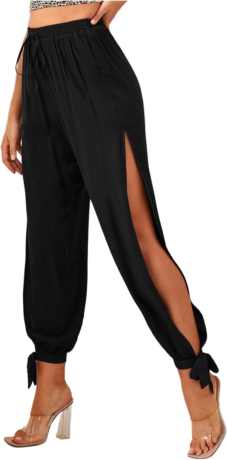 Women's Cut Out Split Thigh Harem Pants Bowknot Drawstring Waist Workout Cropped Trousers