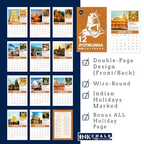 Image of 12 inchx9 inch 12 Jyotirlinga Wall Calendar 2026 | HD Temple & Linga Photos | Mythological Stories | Indian Holidays | Wiro-Bound | Gloss Laminated | Lord Shiva Calendar