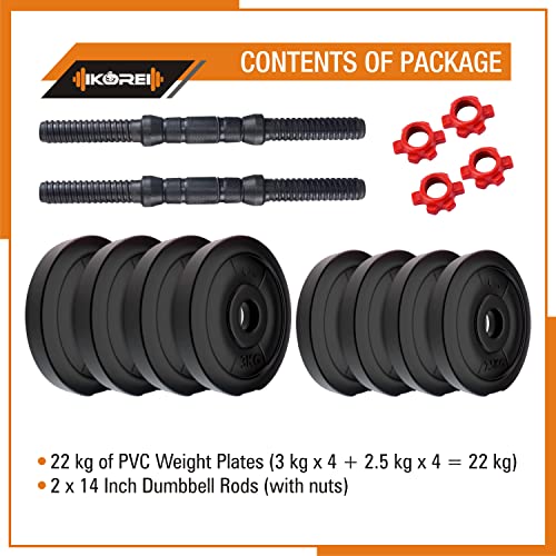 Image of Kore PVC 22 kg (3 kg x 4 + 2.5 kg x 4) Combo 16 Dumbbells Set, Black-Red