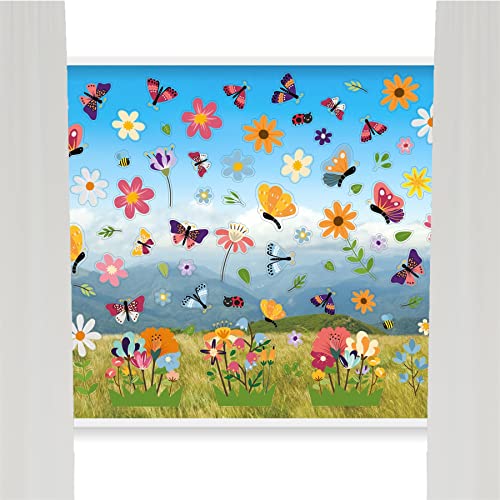 WALPLUS Butterfly Window Stickers Peel and Stick Electrostatic Flower Double Sided Spring Butterflies in Flowers Meadow Spring Window Decorations 81 PCS - Image 3
