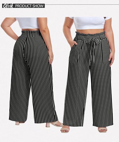 Image of OLRIK Women's Plus Size Pants Adjustable High Waisted Wide Leg Palazzo Pants Casual Trousers with Pockets Spring Clothes