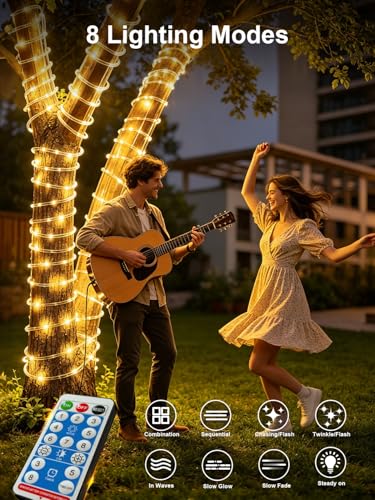 Dreamland 66FT Solar Rope Lights, Outdoor String Lights with Remote Control, 200 LED Tube Tree Lights IP65 Waterproof, 8 Lighting Modes Patio Garden Party Wedding Christmas Decorations, Warm White - image 4