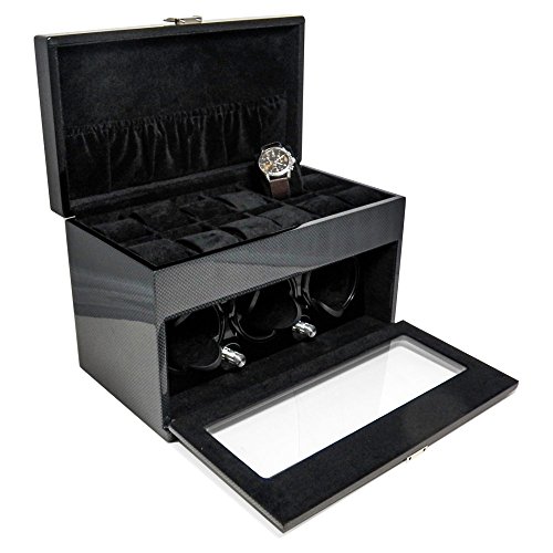 Bey-Berk BB681STL Lacquered Carbon Fiber Steel Gray 3 Winder with Multiple Pre-programed Settings and Storage for 12 Watches on Top, Grey
