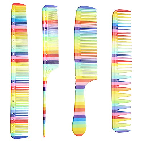 Piklohas Rainbow Hair Comb 4 Pieces Hair Cutting Comb Salon Hair Comb Rainbow Rat Tail Comb Portable Hair Cutting Combs for Various Hair Types