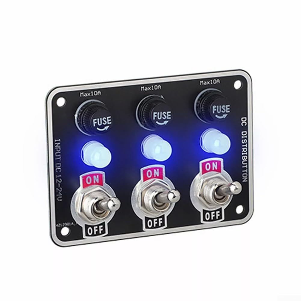 Pannello interruttore a bilanciere in metallo a 3 bande con scatola fusibili interruttore a LED per auto e barca, impermeabile IP66, 12-24 V CC, accessorio di controllo facile da usare