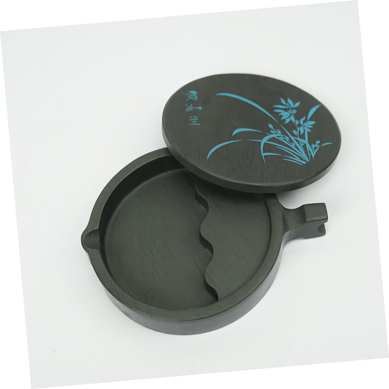 Inkstone Cinese a Forma di Pesce 4 Pollici in Pietra Naturale | Design Orchidea Coperchio, Nero, Stile Semplice, Accessorio per Pittura e Calligrafia