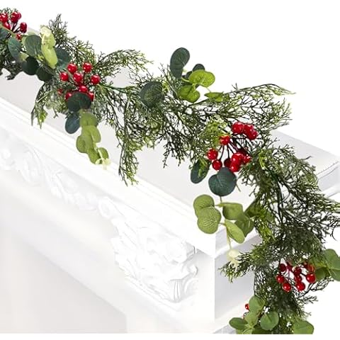 Christmas Cedar Garland, Christmas Red Berry Garland, Artificial Pine Garland Eucalyptus Garland Cypress Garland Greenery Garland for Winter Holiday Mantle Fireplace Table Xmas Decor Cover