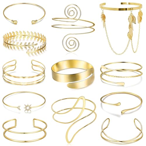 6-12 Pcs Arm Cuff Bracelets for Women Gold UpperCuff Cuff Bangle Bracelet Open Adjustable Gold Arm Bracelet Set