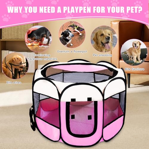 Welpenauslauf Faltbare Hundebox für Zuhause Welpenlaufstall Tragbarer Haustier Hundezaun, Wasserdichtes Oxford-Tuch Laufstall Hund, Katzenkäfig Hundekäfig für Katzen Hunde Kaninchen (Rosa/Beige, S, 8)
