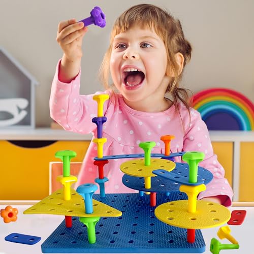 Counting Peg Board for Kids - Toddler Stacking Toys - 65 Pcs DIY Building Set Large Foam Board & Occupational Therapy Toys, Color Sorting & Lacing Toy , Montessori Tools, Peg Puzzles for Toddlers 1-3 - Image 2