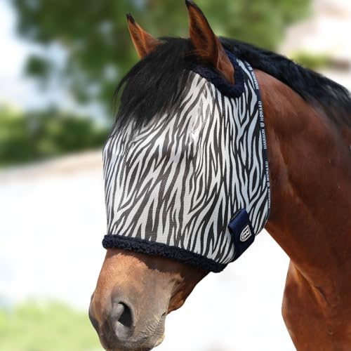 Harrison Howard All Round Mesh Horse Fly Mask UV Protective with Fleece Padded Edging and Fun Prints Forelock Opening Design Mask for Horse Zebra Medium