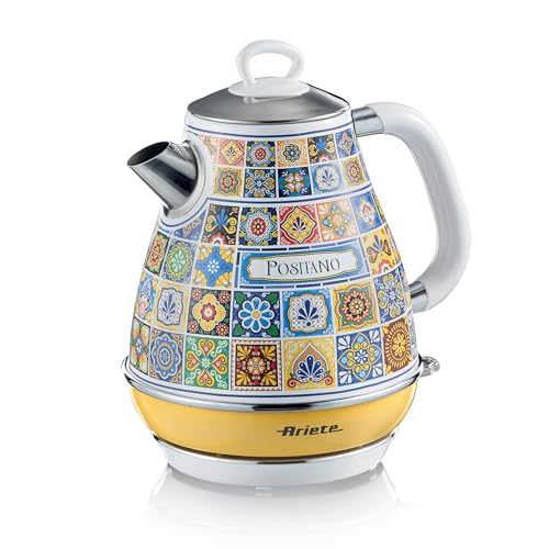 Ariete 2869 Positano Bouilloire Électrique 1.7L avec Filtre Amovible et Base Sans Fil 360°, Design Méditerranéen, Auto-Off, Corps en Acier, 2000 W