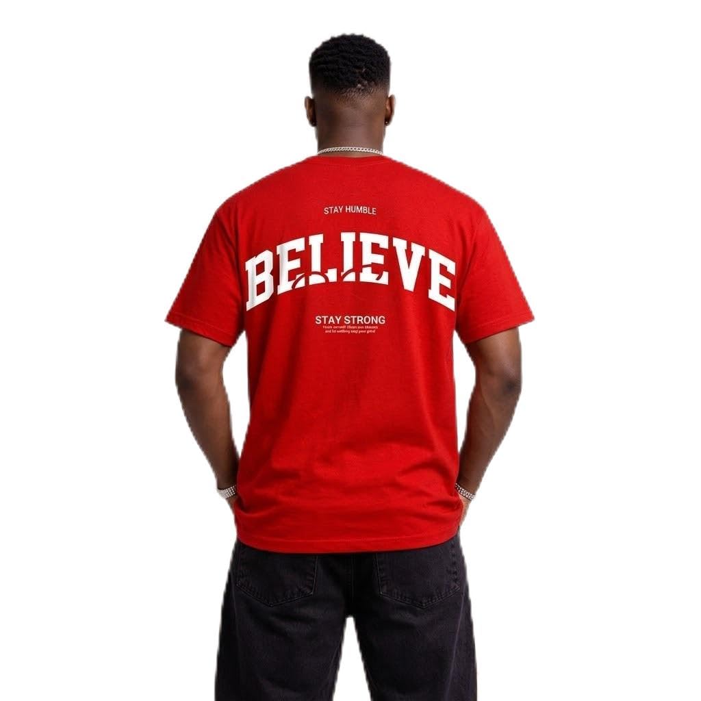 Men's Red Believe Graphic Printed Oversized T-Shirt | Premium Cotton Loose Fit Casual Streetwear Half Sleeve Tee-image-0