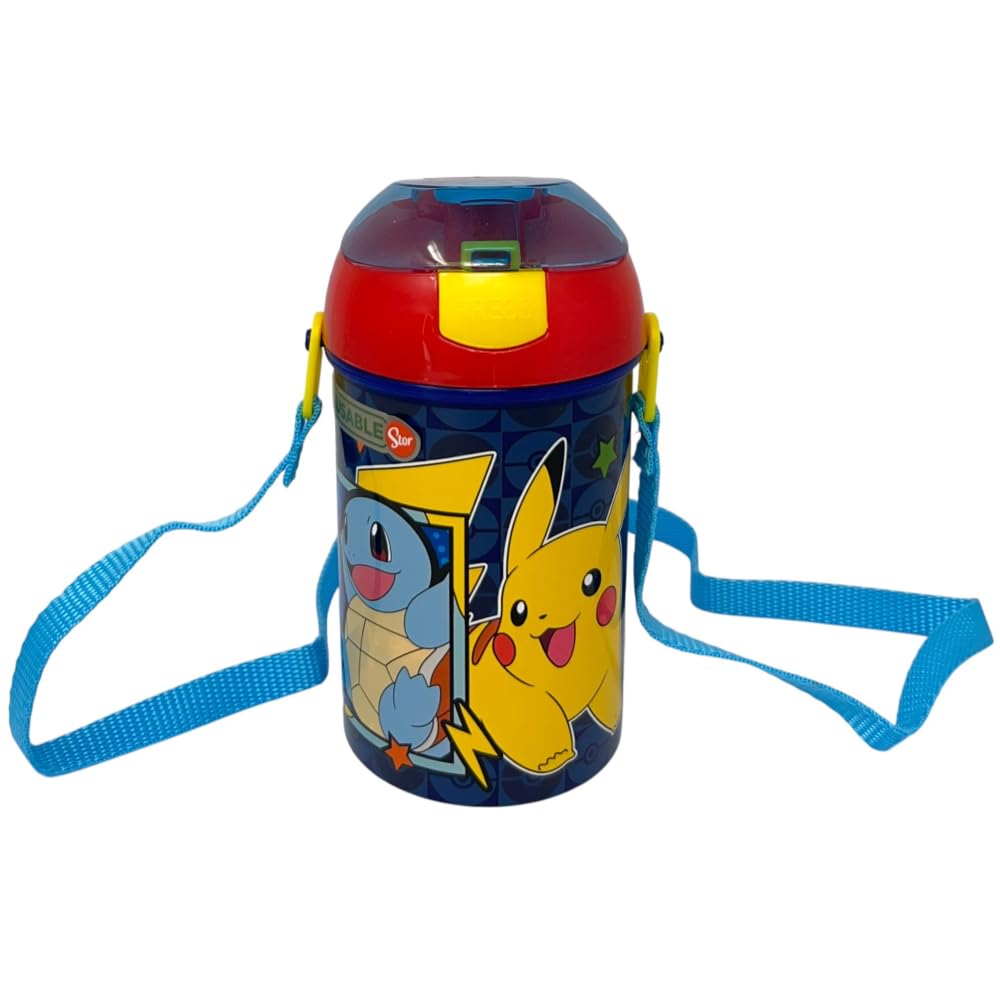 Pokemon Pikachu Pop Up Bottle Reusable Plastic Bottle with Shoulder Strap BPA Free Capacity 450ml