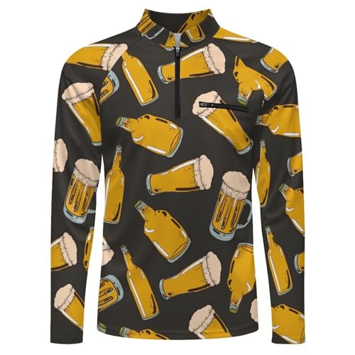 Fresh Beer with Mugs and Bottles Men's Rash Guard Long Sleeves Quick Dry Fishing Workout Shirts with Zipper4