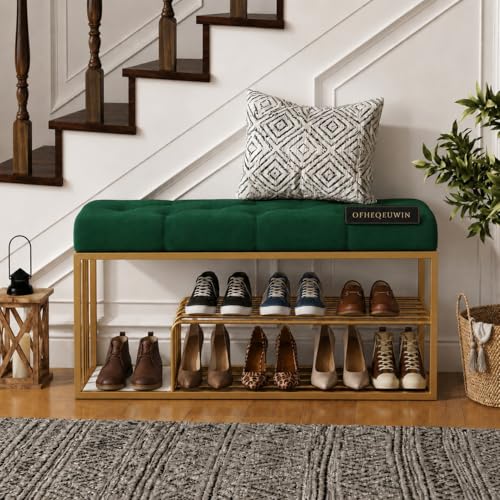 Image of Entryway Shoe Rack with Velvet Cushioned Seat, Shoe Bench for Entry, 2 Shelves Storage Bed Bench