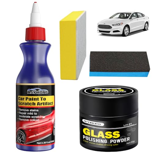 Kit de Reparación de Arañazos de Coche, Polvo para Pulido de Vidrio, Removedor de Arañazos para Vehículos, Pulimento Cristales Coche, con Esponja, Reparar y Elimina crañazos coche