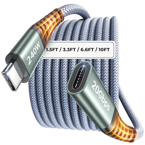 AINOPE USB C Extension Cable 6.6FT, 20Gbps/240W USB3.2 Type C Extender Cord for PSVR 2 Accessories, 4K@60Hz Video Output Braided USB C Female Extension Cable for Hub/PSVR2/Magsafe Charger/Phone,Grey