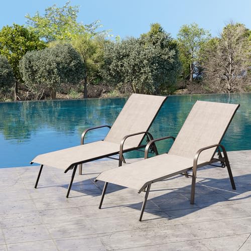 Crestlive Outdoor Chaise Lounge Chair,5-Position Pool Lounge Chairs with Armrests Sunbathing...
