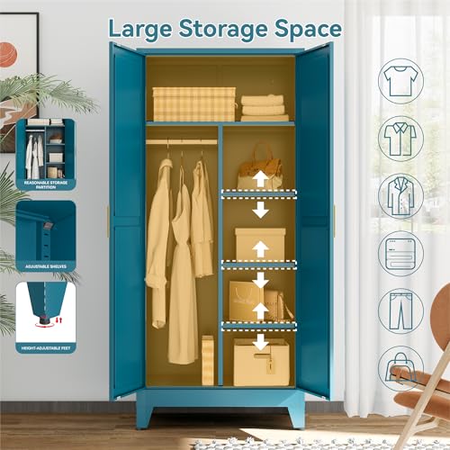 Image of Metal Broom Closet Cabinet, Utility Storage Cabinet with 4 Shelves, Farmhouse Metal Closet with Doors, 71 inch Tall Storage Cabinets with Hanging Rod and Clothing Shelf for Hallway Laundry Mudroom
