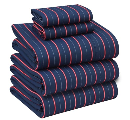 RUVANTI 100% Cotton Split King Sheets Sets for Adjustable Bed, 5 PCs, Soft & Breathable Percale Weave Bedding, Deep Pocket 16", Hotel Standard, Crisp Cool Feel & Durable, Striped Sheet, Nautical