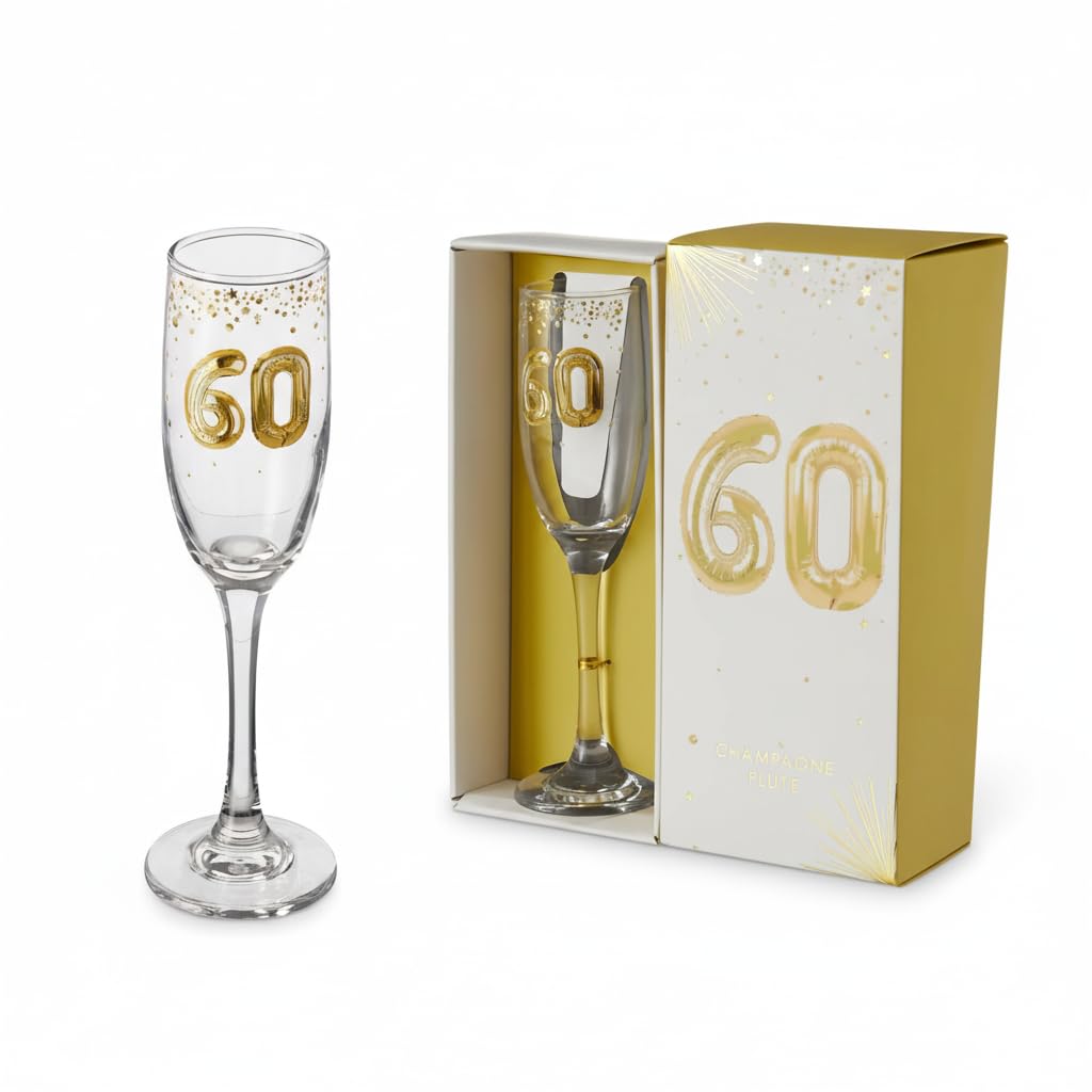 Hox 60th Birthday Champagne Flute in Gift Box – Elegant Gold Balloon‑Style ‘60’ Design for Prosecco, Champagne & Celebrations – Crystal‑Clear Glass Keepsake