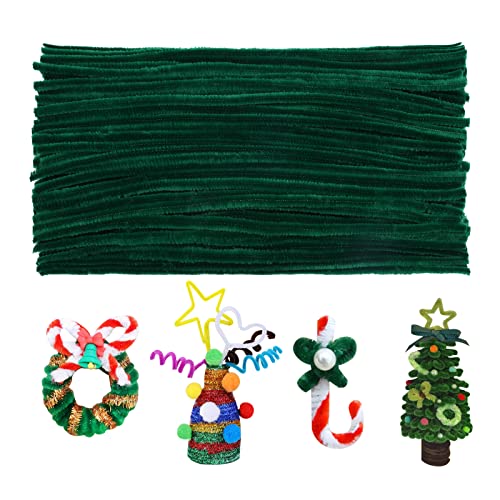 Lot de 100 nettoyeurs pour pipes en chenille - Couleur solide - Pour Halloween - Pour Noël - Artisanat - Fournitures de nettoyage épais pour pipes en chenille (vert foncé) Cover