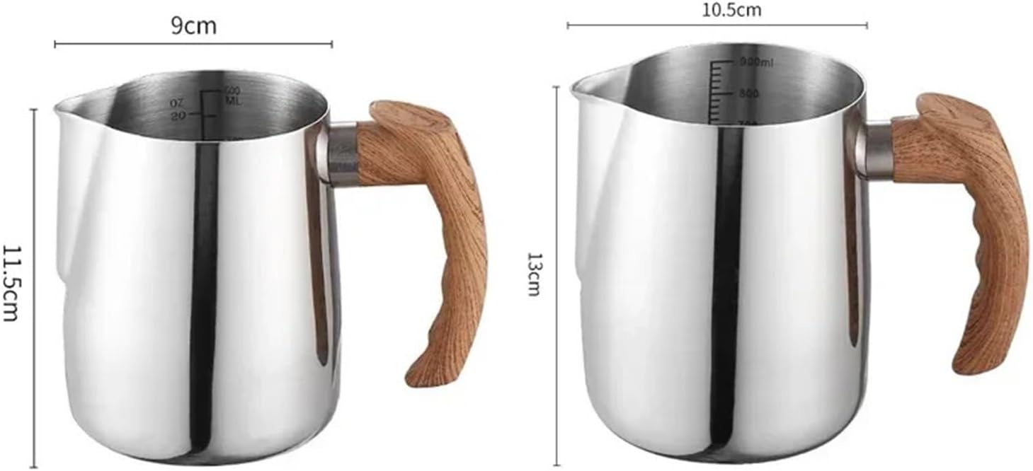 600and900ML Milk Frothing Pitcher with Precise Scale Wooden Handle Dripless Spout Stainless Steel Latte Coffee Cup Coffeeware(A)