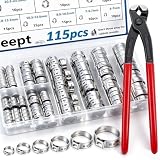 Seept 115Pcs 10-Sizes 304 Stainless Steel Single Ear Hose Clamps with Ear clamp plier 6-28.6mm Crimp Hose Clamps Assortment Kit for Auto/Home Appliance/Pipe/Fuel Line Stepless hose clamp with pincer