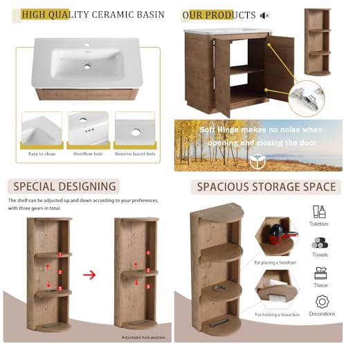 Image of 36 inch Bathroom Vanity with Ceramic Sink, Freestanding Bathroom Vanity with 2-Soft-Close Door, Semicircle Storage Rack & Inside Adjustable Shelves for Home, Farmhouse Floor Mount Vanity, Oak