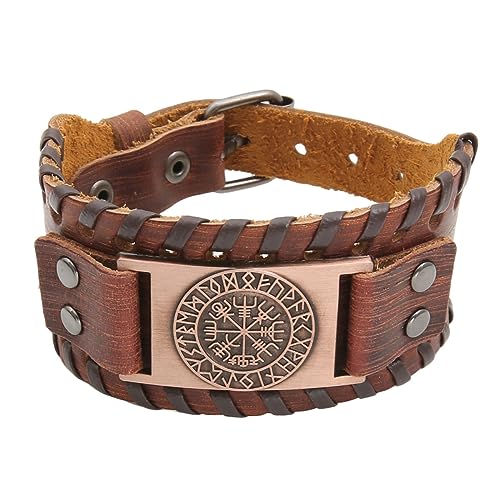 POFET Brown Viking Bracelet - Adjustable Cuff Bangle Wristband with Vegvisir Compass Norse Amulet - Celtic Pagan Jewelry of Talisman for Theatrical Performance Cosplay Halloween Costume