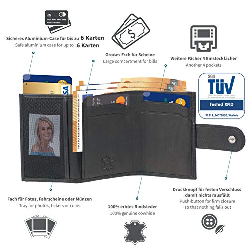 Manufaktur Nikita® Creditcardhouder van echt leer, portemonnee met RFID-bescherming, portemonnee voor 10 kaarten, voor dames en heren, met mooie geschenkdoos, Klein muntenvak, zwart, kleines Münzfach, - Image 5