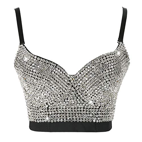 atokiss Women's Handmade Rhinestone Diamond Push up Bustier Crop Top Sexy Club Party Corset Bra Black