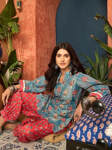 Image of EthnicJunction Women's Linen Floral Print Summer Wear Straight Short Kurti with Afghani Pant Set | Co Ord Set for Women Stylish | Fusion wear Women