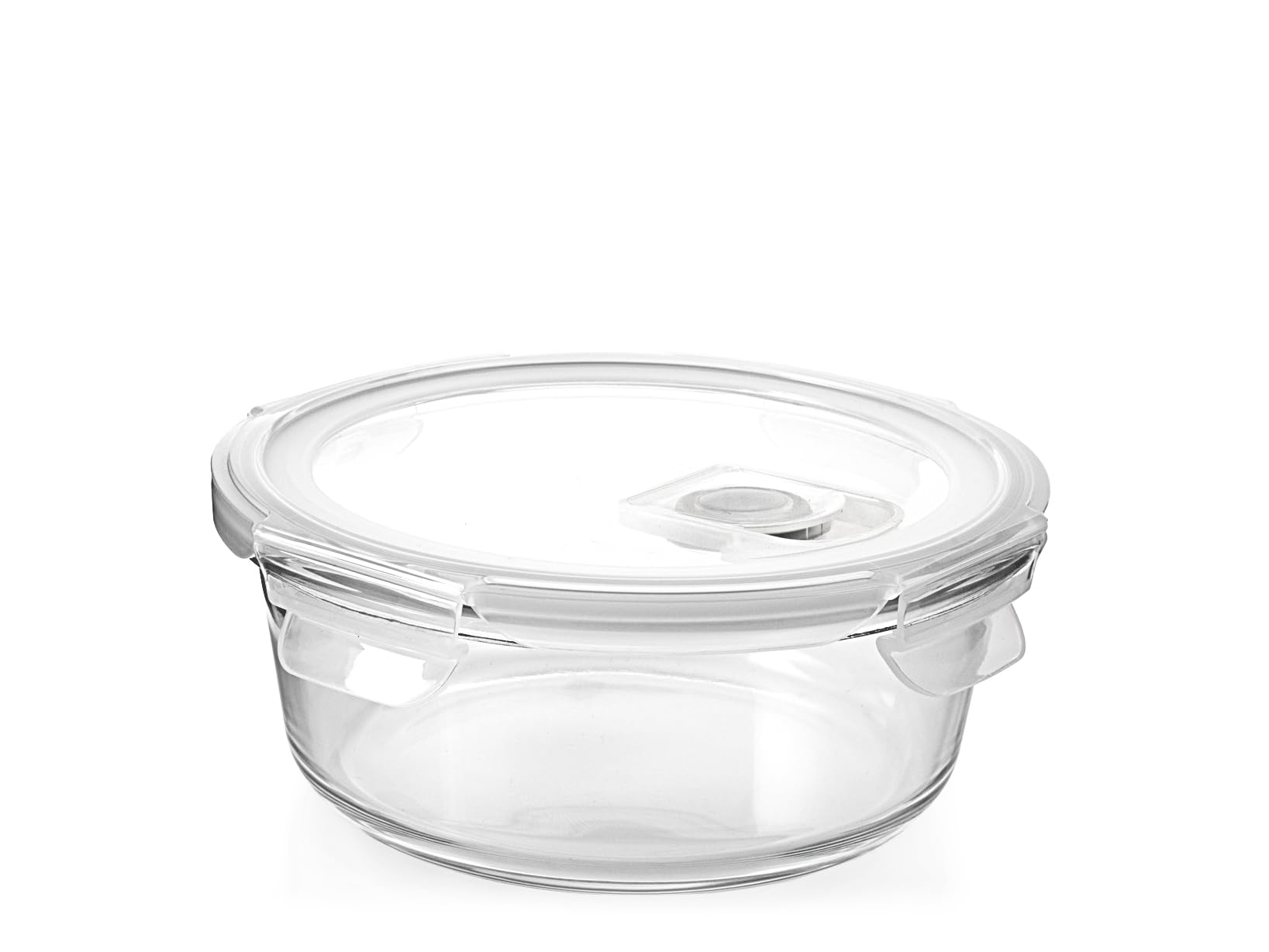H&H Round Glass Container With Lid And Valve - 640ml - Diameter 15cm - For Oven, Microwave, Dishwasher - With Airtight Silicone Seal