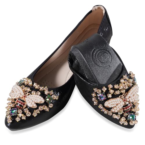 Women Ballet Flats Sparkly Rhinestone Wedding Ballerina Shoes Pointed Toe Foldable Comfort Slip on Flat Dress Shoes