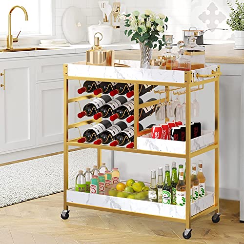 4 Ever Winner Bar Cart Gold With 3-Tier Removable Storage Tray, Bar Carts For Home With 12 Wine Rack, 6 Wine Glass Holders, 4 No Noise Wheels, 4 Hooks, Home Bar Serving Cart For Kitchen Party #TOP5