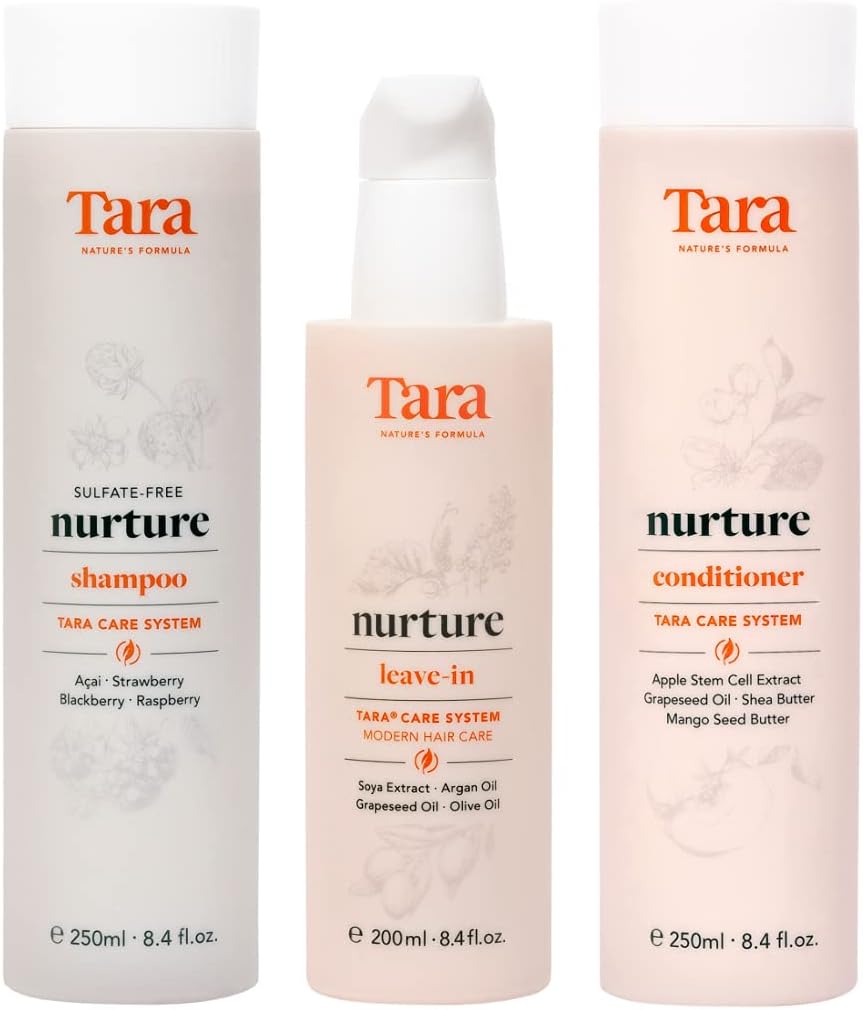 Tara Nurture Care System. Cruelty-Free: 3-Step Treatment – Shampoo + Conditioner + Leave-In Conditioner for daily care. Free from Parabens, Sulfates and Mineral Oils