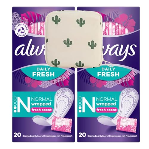 Dailies Panty Liners Normal 40x Scent Pantyliners | Go Fresh 3 in 1 | Singles Individually Wrapped | Odour Neutralising | Comfort | Pack of 2X 20 | Including Oerich Sanitary Napkin Storage Bag