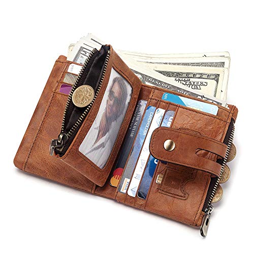 Image of boshiho Genuine Leather Bifold Chain Wallet for Men RFID Blocking | Heavy Duty Steel Anti-Theft Chain & 2 Zipper Coin Purse. Perfect for Bikers, Daily Commute, Gift for Dad /Husband