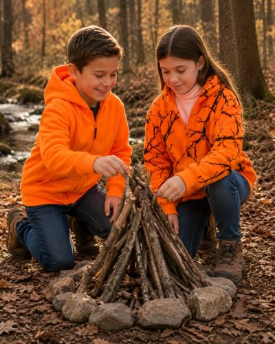 Image of TrailCrest by Treel Kids Orange Safety Full Zip High Visibility Thick Fleece Hoodie Sweatshirt Hunting Jacket