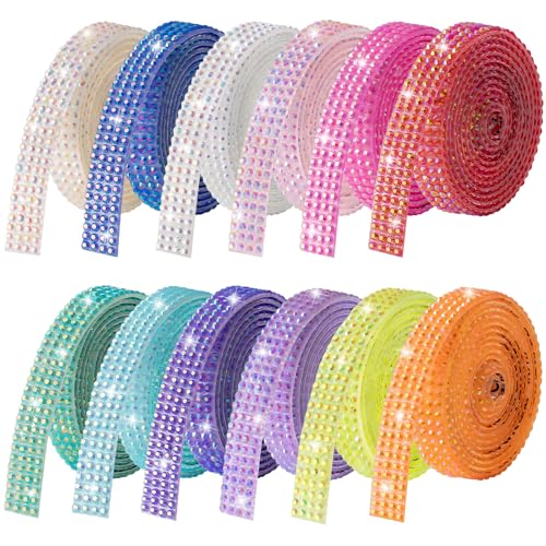 LYXMYGS Rhinestone Ribbon Self Adhesive Crystal Rhinestones, 12-Rolls Bedazzling Strips, 12-Yard Rhinestone Strips for DIY Craft, Rhinestones for Crafting