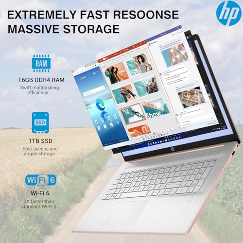 Image of HP 17 Inch Laptop Touchscreen Computer, 17.3 HD+ Touch Screen Business Laptop PC, Intel Core i7 (10-Cores), Windows 11 Pro Copilot AI, 16GB RAM 1TB SSD, Backlit Keyboard 10-Key, Wi-Fi 6, Rose Gold