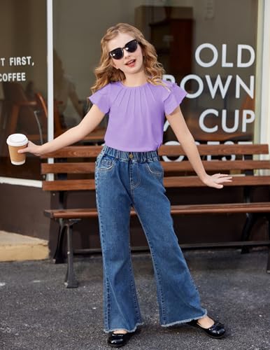 Arshiner Girls T Shirts Ruffle Short Sleeve Summer Pleated Crewneck Casual Tops Tees Blouses3