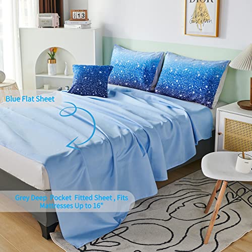 Rynghipy 6Pcs Gradient Aqua Blue Navy Ombre Comforter Sets With Sheets Pillowcases, Full Size Sparkle Glitter Design Comforter Bedding Collections For Kids Boys And Girls #TOP4